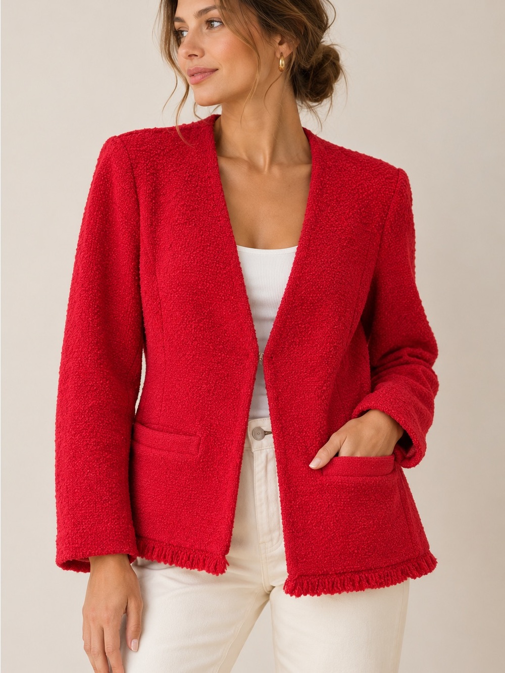 NWT Talbots Red Boucle Blazer Jacket 1X Textured Fringe Trim Pockets $169